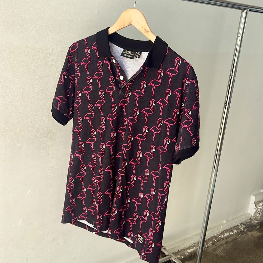 Short sleeve polo shirt black with pink flamingos, never worn size men’s medium